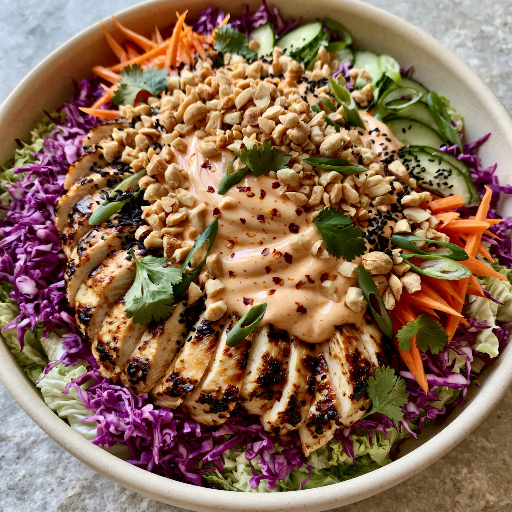 Bang Bang Chicken Salad with Creamy Spicy Mayo and Golden Pan-Seared Chicken 2 Close-up of golden pan-seared chicken breast on a bed of shredded purple cabbage for a Bang Bang chicken salad.