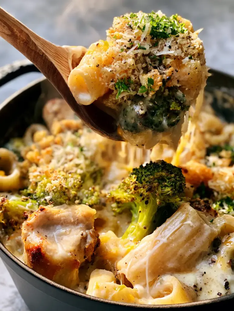 Chicken Broccoli Pasta with Garlic Cream Sauce and Toasted Panko 2 A 45-degree angle photo showing a wooden spoon lifting rigatoni and chicken in a garlic cream sauce. (Chicken Broccoli Pasta)