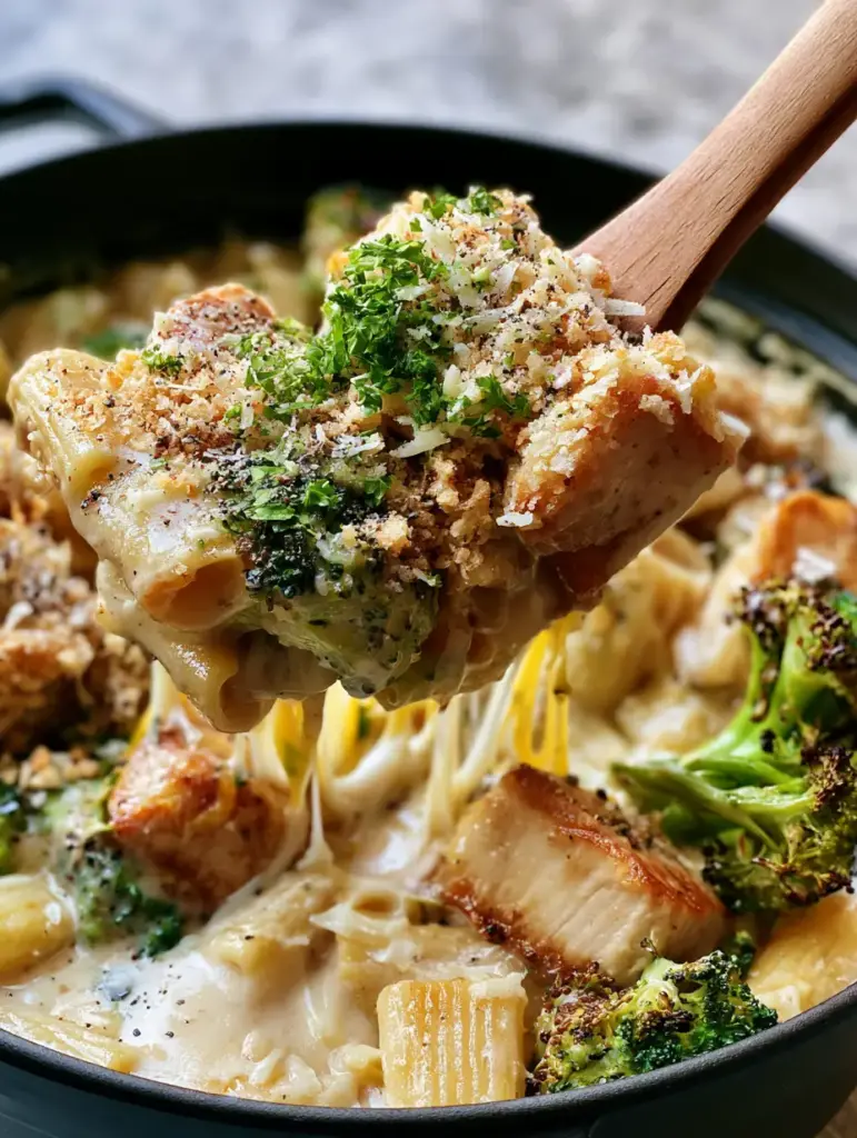 Chicken Broccoli Pasta with Garlic Cream Sauce and Toasted Panko 1 Melted mozzarella strings and cheddar swirls in a Dutch oven of Chicken Broccoli Pasta.