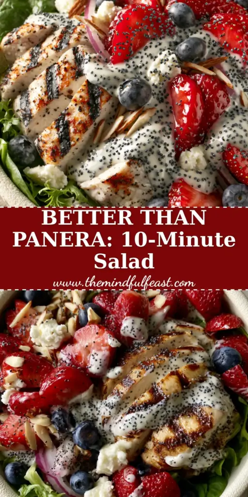 Strawberry Poppy Seed Chicken Salad with Golden Seared Chicken 4 A top-down view of a vibrant strawberry poppy seed chicken salad in a white ceramic bowl with grilled chicken, berries, and creamy dressing.