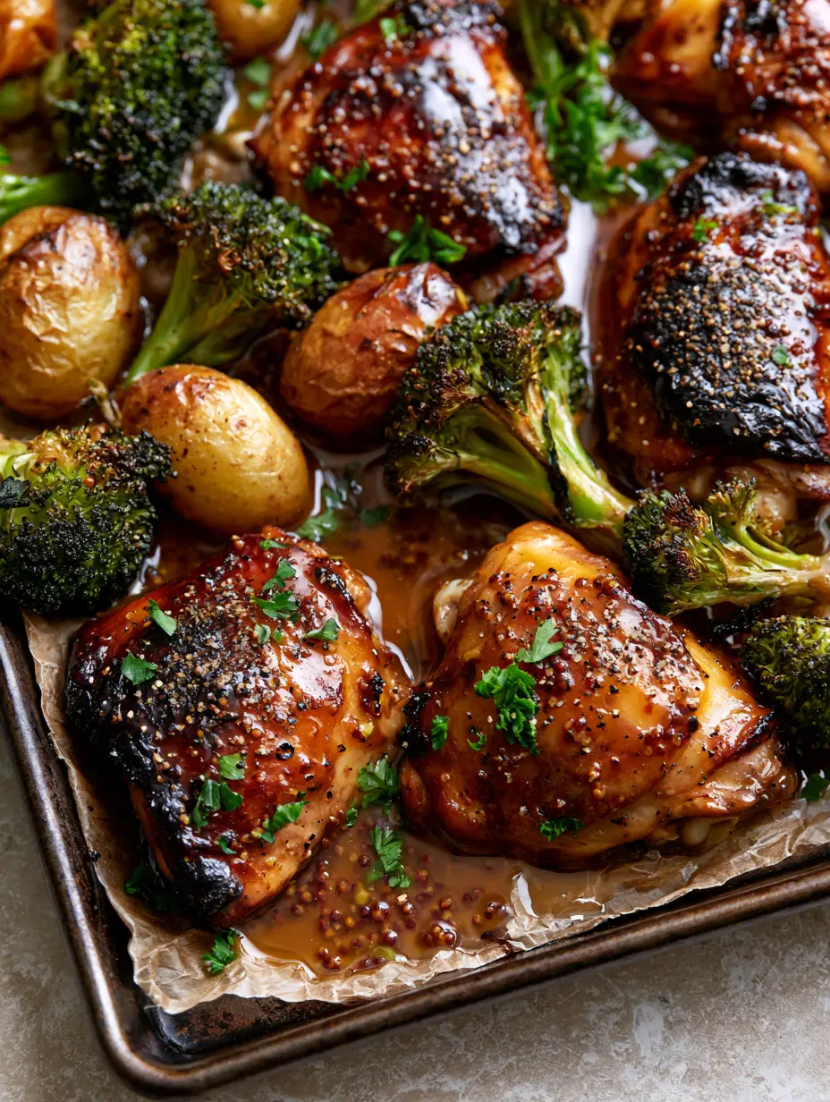 Honey Mustard Chicken Sheet Pan Dinner with Blistered Broccoli and Gold Potatoes 4 Close-up of glazed Honey Mustard Chicken thighs showing thick sauce and visible mustard seeds.