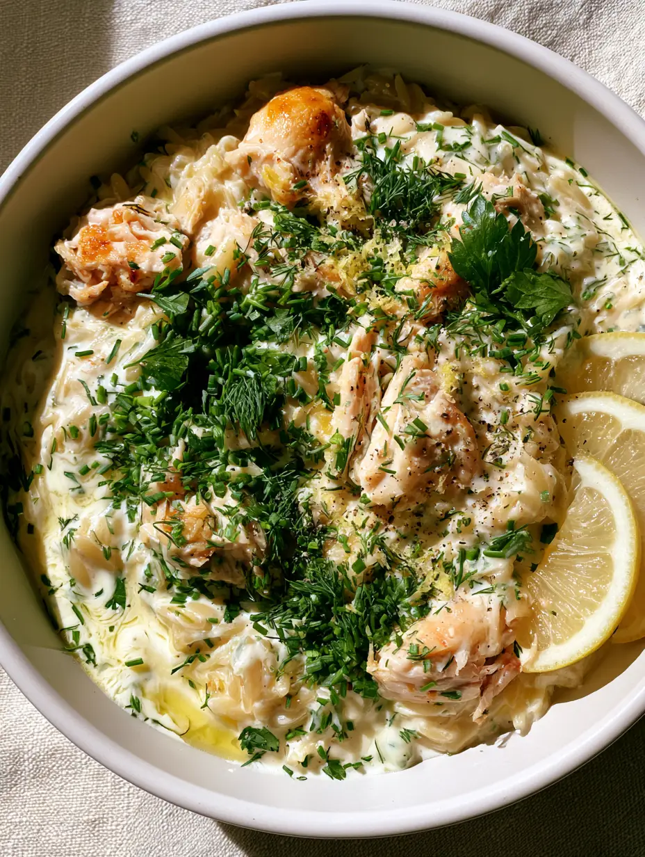 Slow Cooker Creamy Spring Herb Chicken Orzo with Lemon and Garlic 3 Close-up of creamy chicken orzo showing golden seared chicken chunks and a thick ivory sauce with fresh herbs. (slow cooker creamy spring herb chicken orzo)