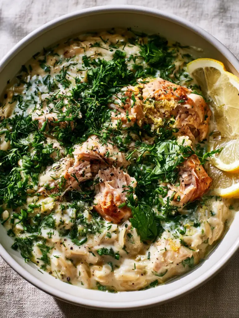 Slow Cooker Creamy Spring Herb Chicken Orzo with Lemon and Garlic 1 A smartphone photo of the completed slow cooker creamy spring herb chicken orzo featuring lemon zest and cracked pepper toppings.