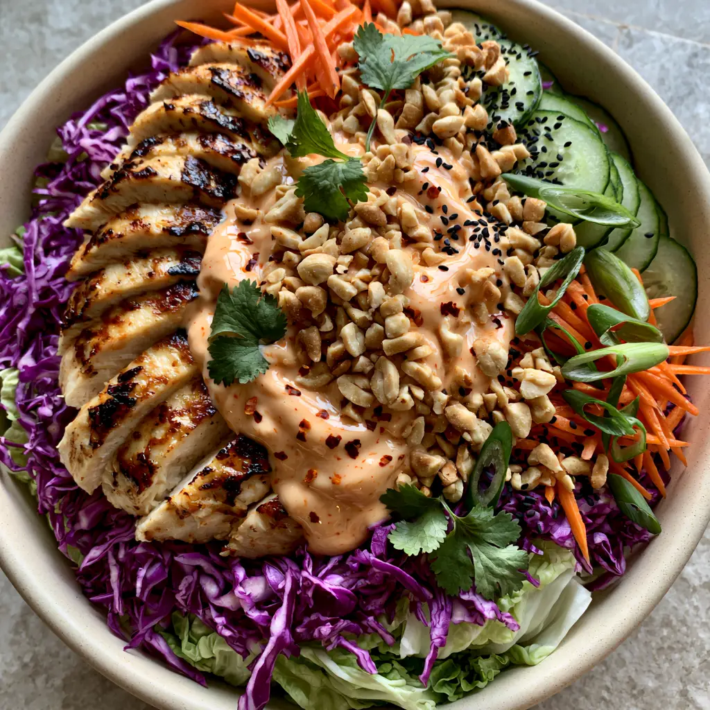 Bang Bang Chicken Salad with Creamy Spicy Mayo and Golden Pan-Seared Chicken 1 Bang Bang chicken salad garnished with roasted peanuts, cilantro, and black sesame seeds on a grey stone countertop.