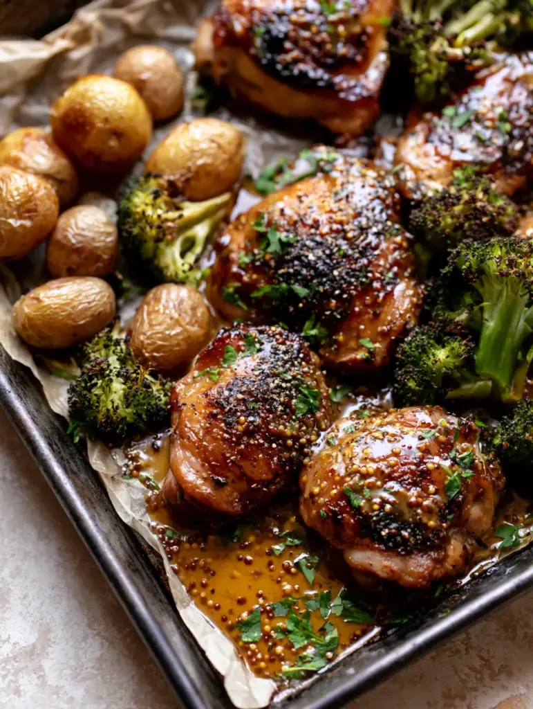 Honey Mustard Chicken Sheet Pan Dinner with Blistered Broccoli and Gold Potatoes 1 Rustic dark metal sheet pan filled with charred Honey Mustard Chicken and roasted baby gold potatoes.