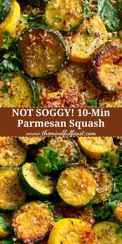 Skillet summer squash with a Crispy Garlic Parmesan Crust 4 A high-angle shot of Skillet summer squash in a cast iron pan with a crispy parmesan crust, garnished with parsley.