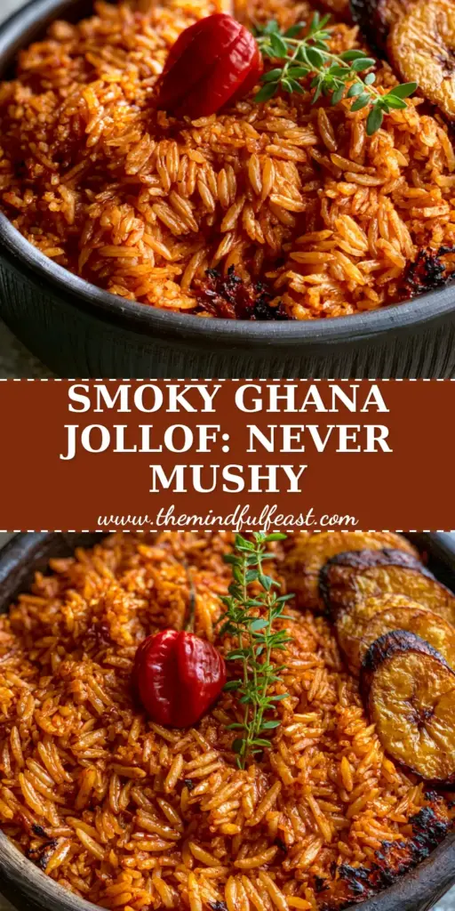 Ghana Jollof Rice: The Ultimate Guide to Smoky Party-Style Perfection 4 A rustic black bowl filled with vibrant reddish-orange Ghana Jollof Rice, garnished with a whole scotch bonnet and caramelized plantains.