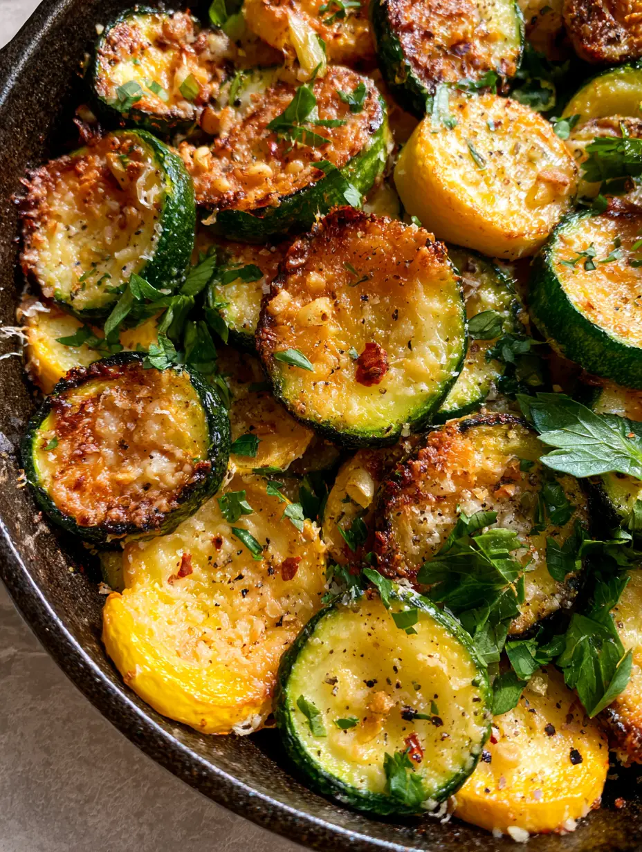 Skillet summer squash with a Crispy Garlic Parmesan Crust 3 Close-up of seared zucchini and yellow squash coins with toasted garlic and melted parmesan in a black skillet.