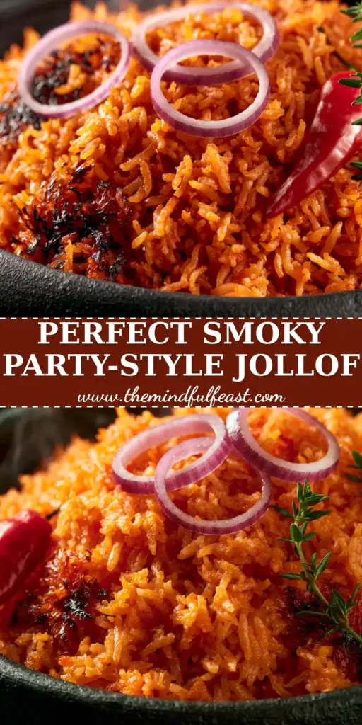 Jollof Rice: The Ultimate Guide to Authentic Party-Style Grains 3 A vibrant bowl of Jollof Rice garnished with fresh red onion rings and green thyme sprigs.
