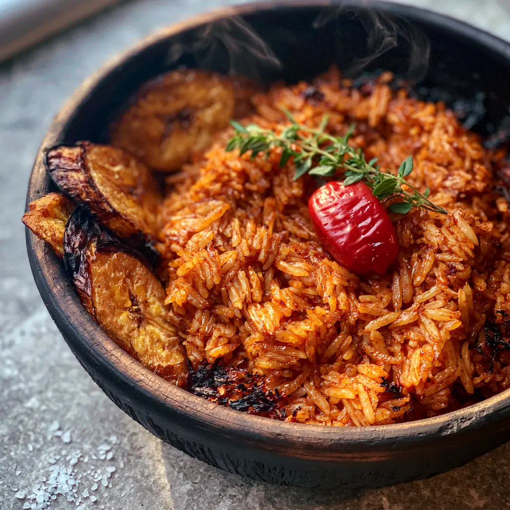 Ghana Jollof Rice: The Ultimate Guide to Smoky Party-Style Perfection 2 Close-up of Ghana Jollof Rice grains glistening with umami oil in a black earthen bowl with wispy steam.