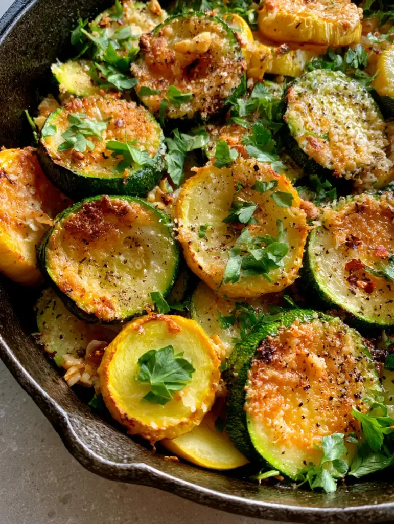 Skillet summer squash with a Crispy Garlic Parmesan Crust 1 A rustic cast iron skillet filled with green and yellow squash rounds topped with herbs and red pepper flakes.