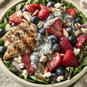 Close-up macro shot of seared grilled chicken slices and glistening red strawberries in a strawberry poppy seed chicken salad.