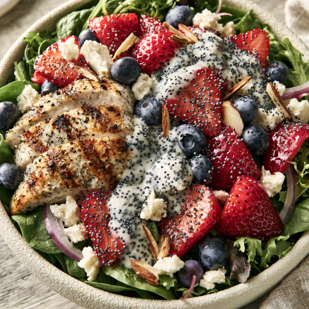 Strawberry Poppy Seed Chicken Salad with Golden Seared Chicken 2 Close-up macro shot of seared grilled chicken slices and glistening red strawberries in a strawberry poppy seed chicken salad.