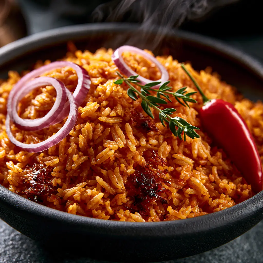 Jollof Rice: The Ultimate Guide to Authentic Party-Style Grains 2 Macro close-up of fluffy sunset orange Jollof Rice grains in a black bowl.