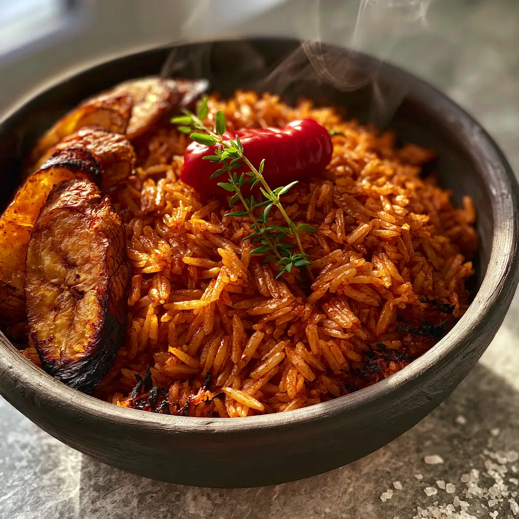 Ghana Jollof Rice: The Ultimate Guide to Smoky Party-Style Perfection 1 Ghana Jollof Rice served with golden-brown fried plantains having dark caramelized edges.
