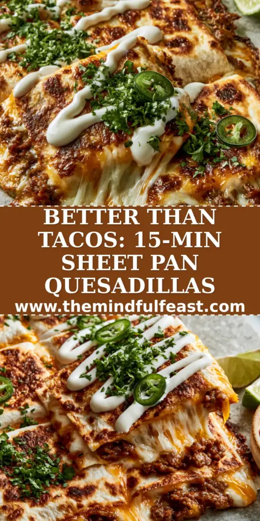 A close-up of golden-brown sheet pan ground beef quesadillas sliced into squares with a dramatic cheese pull, garnished with crema, cilantro, and jalapeños.