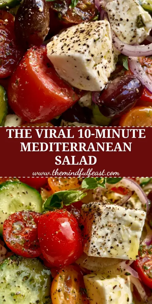 Mediterranean Salad Recipe with Oversized Feta and Heirloom Tomatoes 4 A top-down view of a vibrant Mediterranean salad with thick cucumber slices, red and orange heirloom tomatoes, and large cubes of feta in a rustic bowl.