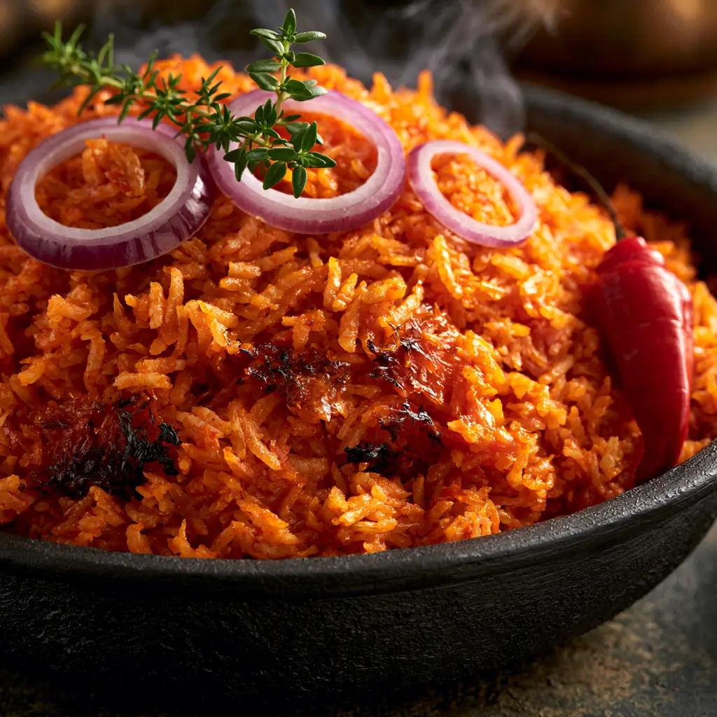 Jollof Rice: The Ultimate Guide to Authentic Party-Style Grains 1 Close-up of Jollof Rice showing scattered caramelized charred bits and a scotch bonnet pepper.
