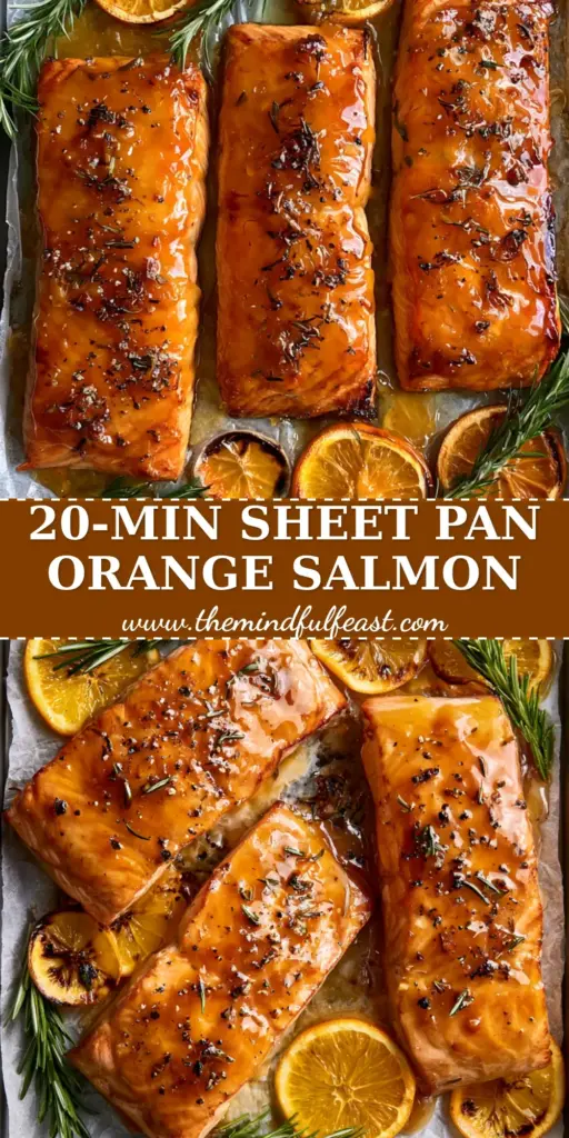 Orange Rosemary Glazed Salmon: The Ultimate Sheet Pan Dinner 3 A top-down overhead view of three succulent Orange rosemary glazed salmon fillets on a dark grey sheet pan with caramelized orange rounds.