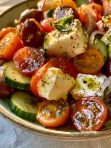 Macro photo of a Mediterranean salad focusing on the texture of a glistening heirloom tomato and a creamy feta cube with black pepper.