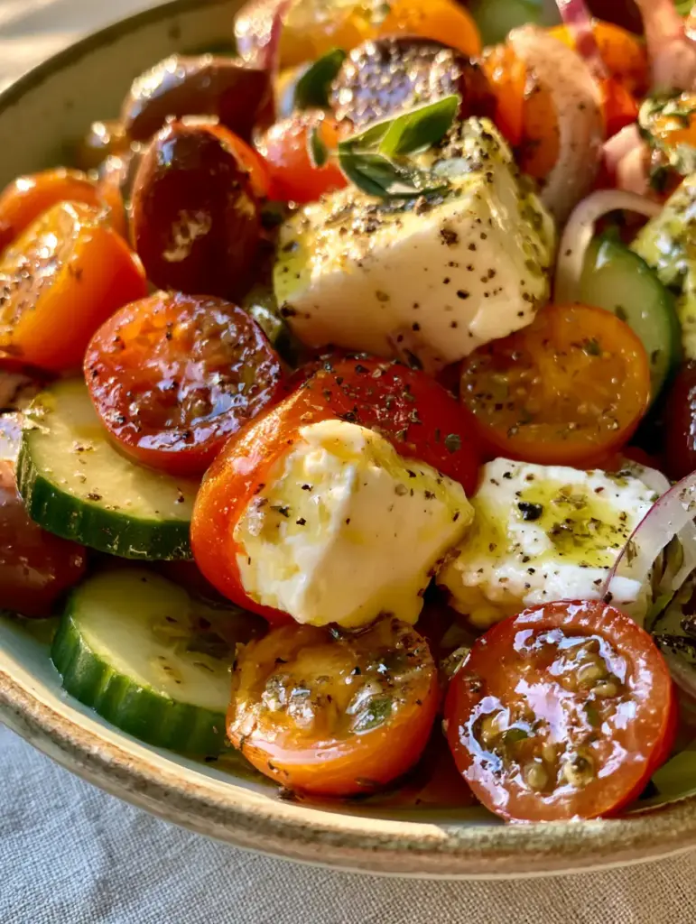 Mediterranean Salad Recipe with Oversized Feta and Heirloom Tomatoes 2 Macro photo of a Mediterranean salad focusing on the texture of a glistening heirloom tomato and a creamy feta cube with black pepper.
