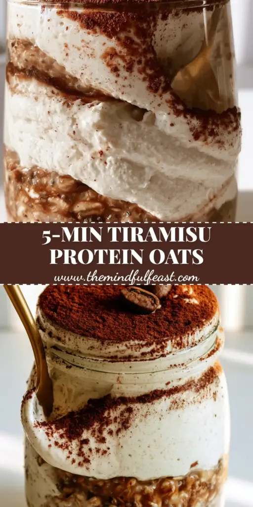 Tiramisu Overnight Oats: The High-Protein Italian Inspired Breakfast 3 A vertical eye-level shot of a sleek glass jar filled with layered tiramisu overnight oats topped with cocoa and coffee beans.