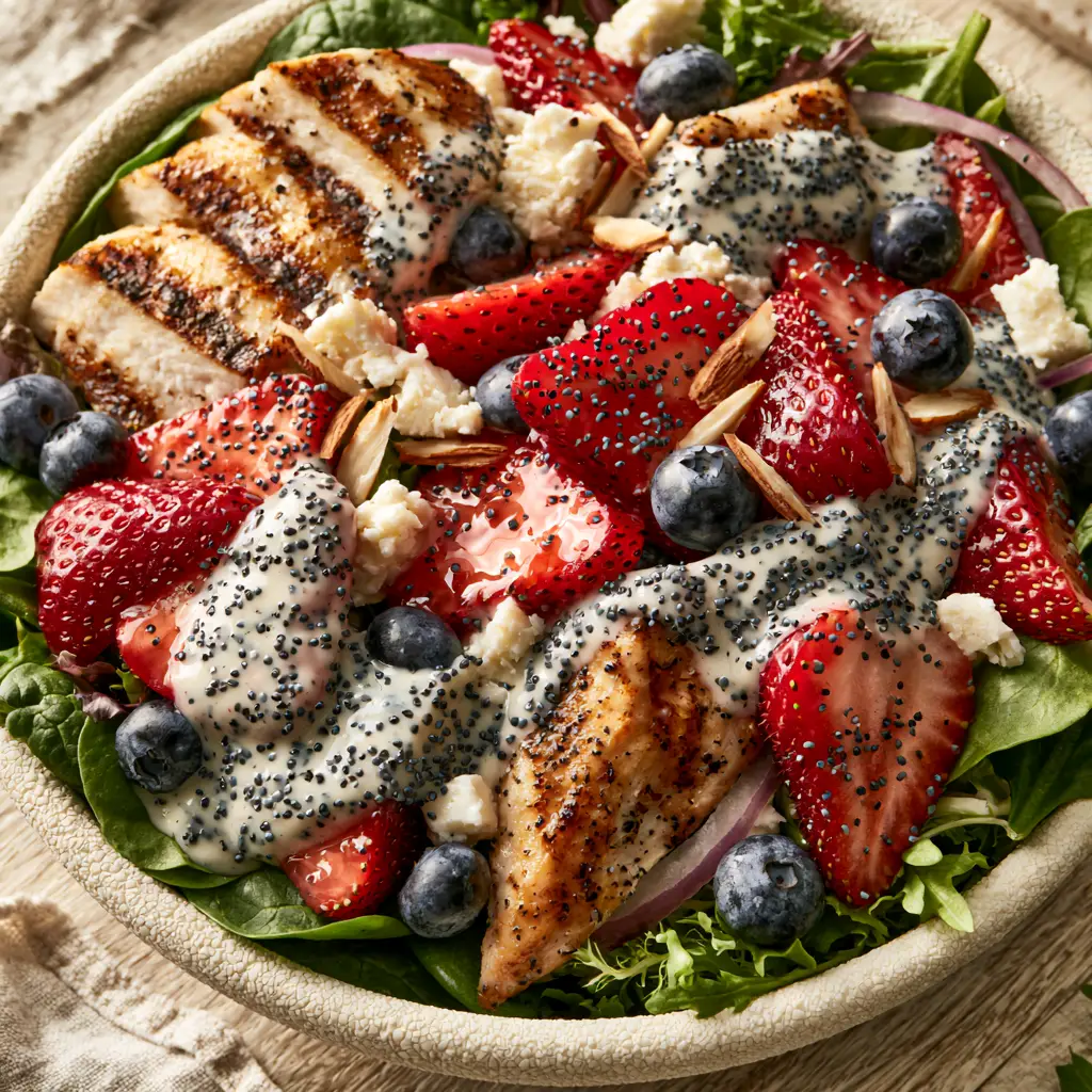 Strawberry Poppy Seed Chicken Salad with Golden Seared Chicken 1 A wide shot of the assembled strawberry poppy seed chicken salad showing the thick glossy poppy seed dressing and almond slivers.