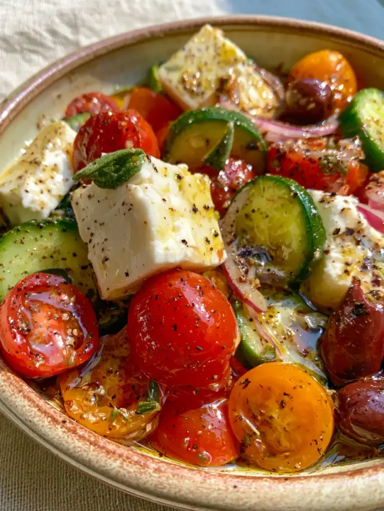 Mediterranean Salad Recipe with Oversized Feta and Heirloom Tomatoes 1 A handheld smartphone photo of a Mediterranean salad in a rustic ceramic bowl set against a neutral linen tablecloth.