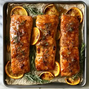 Overhead shot of Orange rosemary glazed salmon fillets glistening with thick amber glaze and charred rosemary on wrinkled parchment.