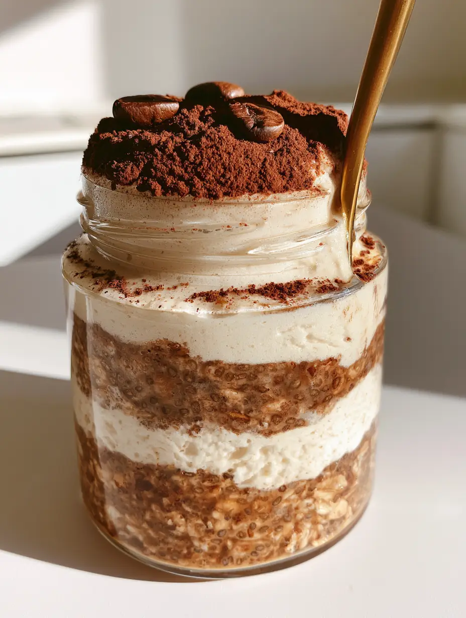 Tiramisu Overnight Oats: The High-Protein Italian Inspired Breakfast 4 Sleek glass jar with espresso-soaked oats and thick protein yogurt layers. (tiramisu overnight oats)