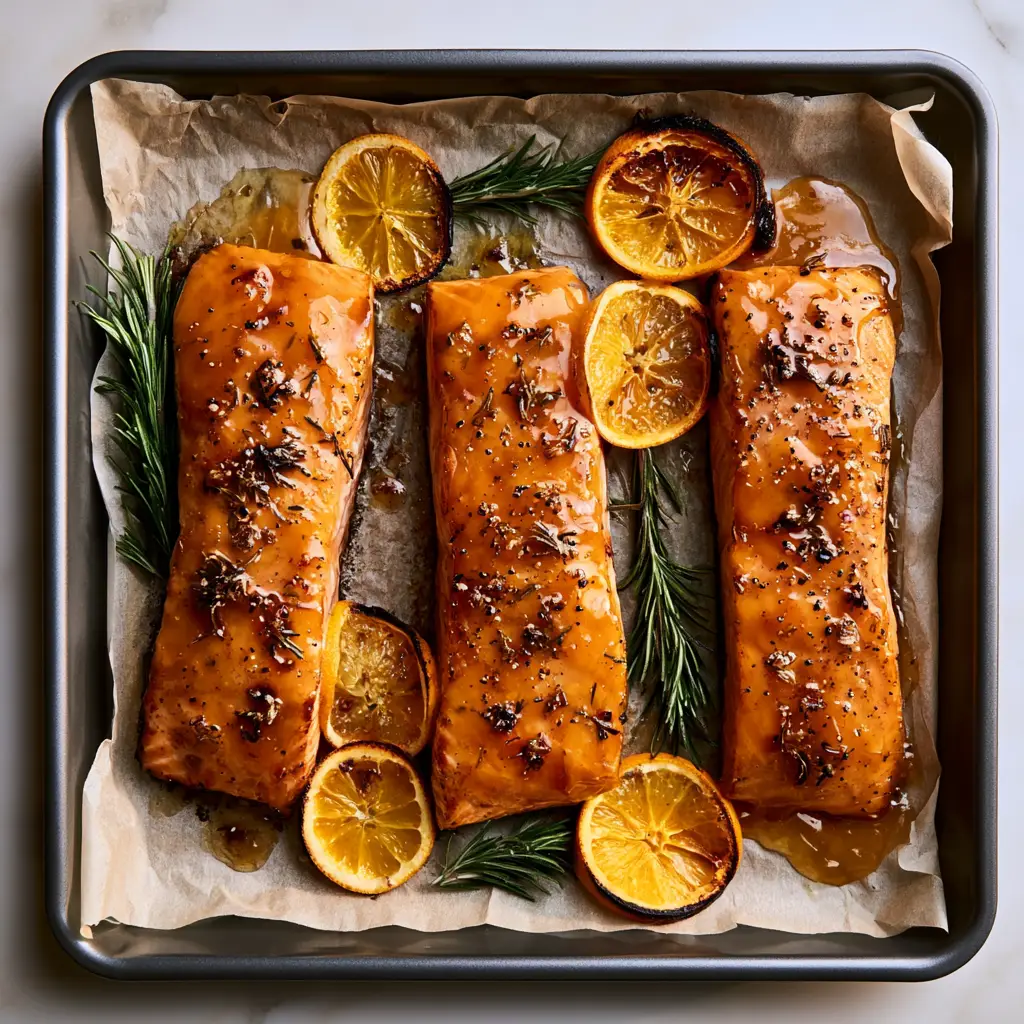 Orange Rosemary Glazed Salmon: The Ultimate Sheet Pan Dinner 1 Close up of caramelized orange slices and charred rosemary sprigs surrounding thick Atlantic salmon fillets.