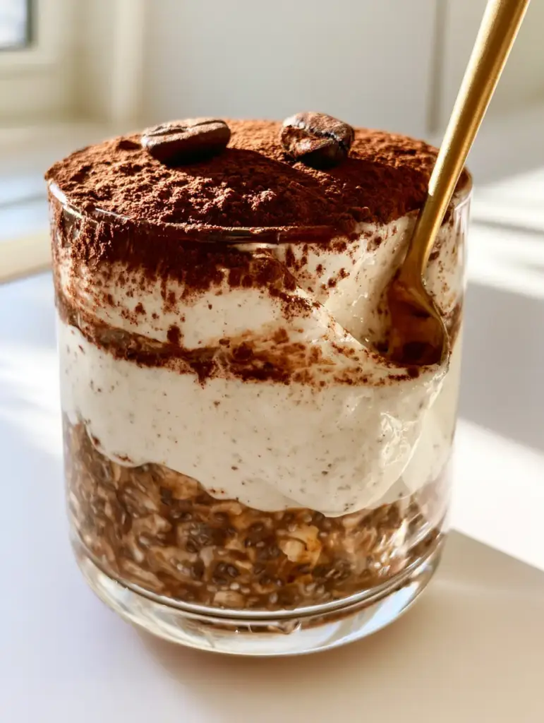 Tiramisu Overnight Oats: The High-Protein Italian Inspired Breakfast 1 Close up of a gold spoon dipping into tiramisu overnight oats showing the creamy texture.