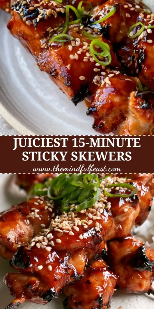 Teriyaki Chicken Skewers: The Ultimate Air Fryer Recipe with a Thick Mahogany Glaze 4 Three thick Teriyaki Chicken Skewers with a glossy mahogany glaze and sesame seeds on a white plate. (Teriyaki Chicken Skewers)