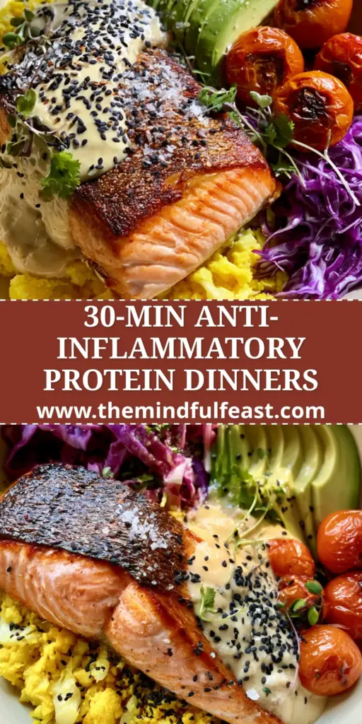 High Protein Anti-Inflammatory Dinners: The Ultimate Crispy Salmon and Turmeric Power Bowl 4 A top-down photo of a pan-seared salmon power bowl with turmeric cauliflower rice, purple cabbage, and avocado. (High protein anti-inflammatory dinners)