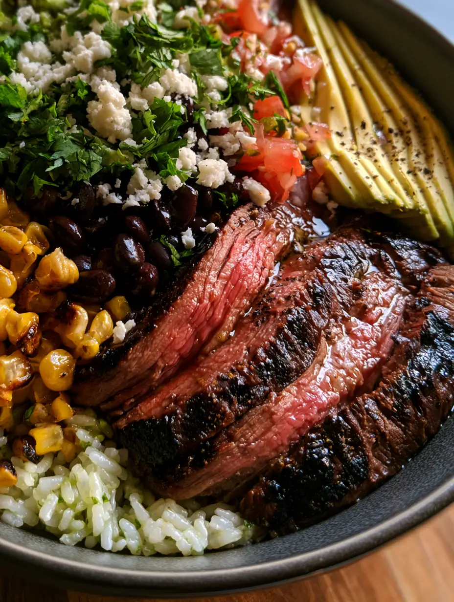 Tex-Mex Steak Rice Bowls with Charred Corn and Cilantro Lime Rice 3 Extreme close-up of seared medium-rare flank steak with caramelized char marks over cilantro lime rice. (Tex-Mex steak rice bowls)