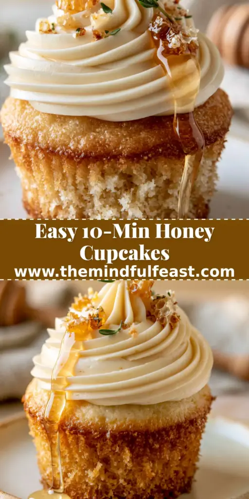 A single honey cupcake with a golden-brown base, stiff honey buttercream swirl, translucent honey drizzle, and a fresh thyme sprig garnish on a rustic plate. (honey cupcakes)