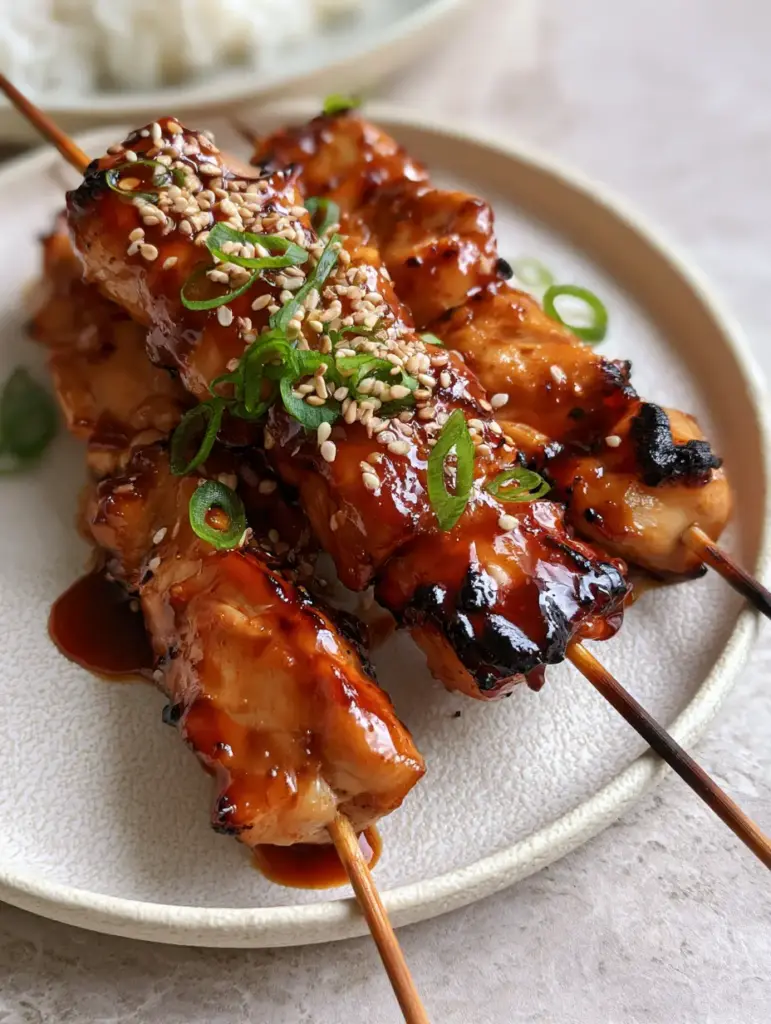 Teriyaki Chicken Skewers: The Ultimate Air Fryer Recipe with a Thick Mahogany Glaze 1 Diagonal view of teriyaki chicken skewers on a matte stoneware plate with jasmine rice background. (Teriyaki Chicken Skewers)