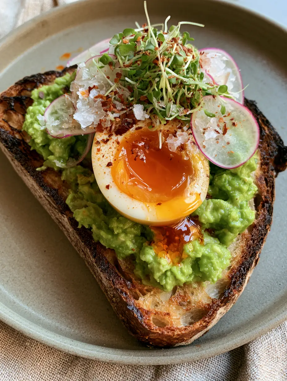 Extreme close-up of thick-cut sourdough breakfast toast with charred edges and vibrant toppings.