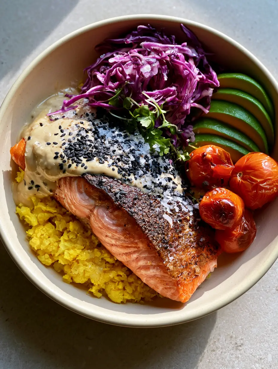 High Protein Anti-Inflammatory Dinners: The Ultimate Crispy Salmon and Turmeric Power Bowl 3 Close-up of perfectly crispy golden-brown salmon skin on a bed of yellow turmeric cauliflower rice. (High protein anti-inflammatory dinners)