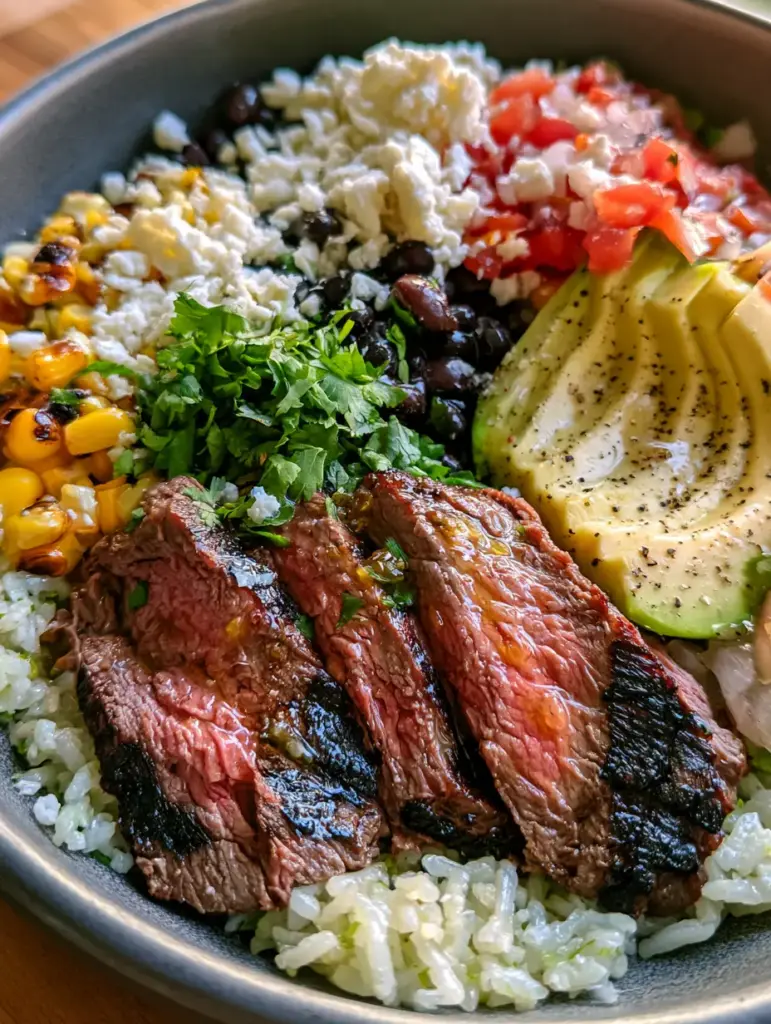 Tex-Mex Steak Rice Bowls with Charred Corn and Cilantro Lime Rice 1 Glistening cilantro lime rice and glossy black beans in a Tex-Mex steak rice bowl.