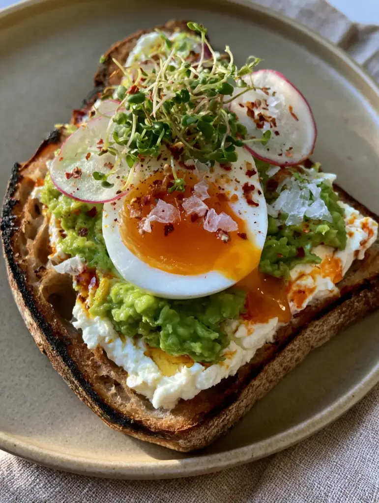 A halved soft-boiled egg with a runny orange yolk resting on avocado and whipped feta breakfast toast.