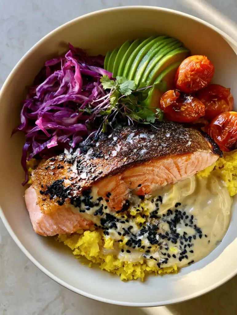 High Protein Anti-Inflammatory Dinners: The Ultimate Crispy Salmon and Turmeric Power Bowl 1 A vibrant ceramic bowl filled with salmon, shredded cabbage, avocado, and blistered tomatoes with a tahini drizzle.