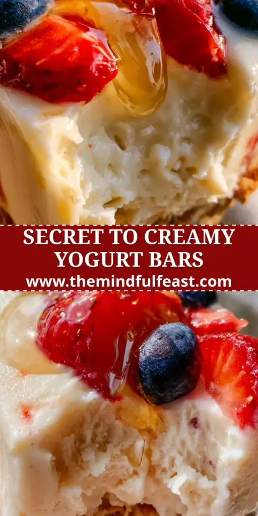 Frozen Yogurt Bars with Strawberry, Blueberry, and Toasted Honey Granola 4 A handheld shot of a thick frozen yogurt bar with a clean bite taken out, featuring strawberries, blueberries, and a honey drip. (frozen yogurt bars)