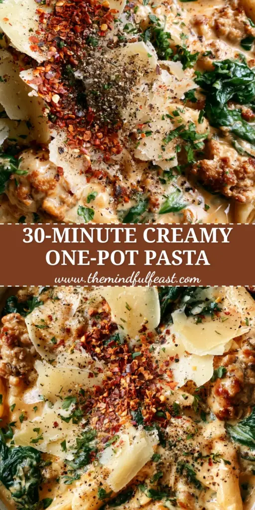 One-Pot Ground Turkey Pasta with Creamy Spinach and Parmesan 3 A top-down view of One-Pot Ground Turkey Pasta in a cream skillet, featuring golden turkey crumbles, wilted spinach, and shaved parmesan.