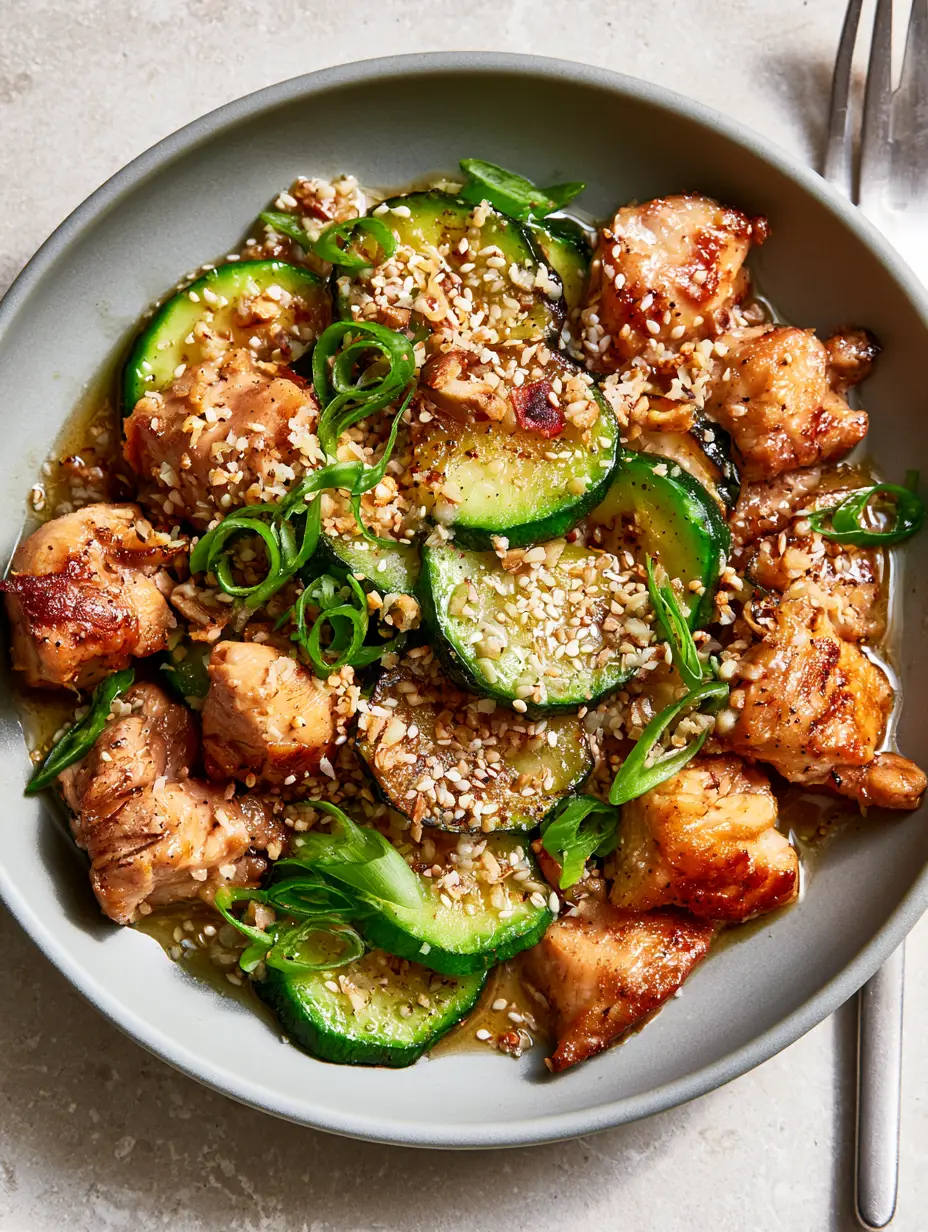 Close up of golden-brown chicken chunks and crisp charred zucchini with sesame seeds. (zucchini stir fry)