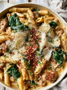 Close up of al dente penne in a thick orange-tinted cream sauce with seared ground turkey. (One-Pot Ground Turkey Pasta)