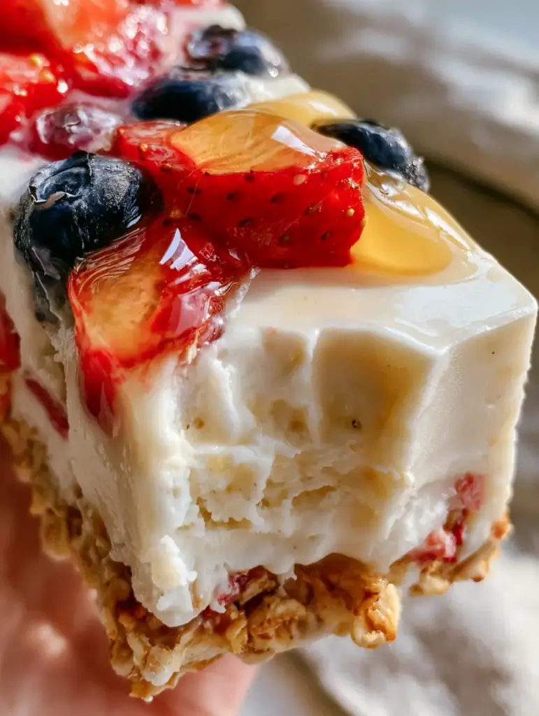 Frozen Yogurt Bars with Strawberry, Blueberry, and Toasted Honey Granola 1 A high-angle shot of frozen yogurt bars being held, showcasing the glossy honey drizzle and granola crust.