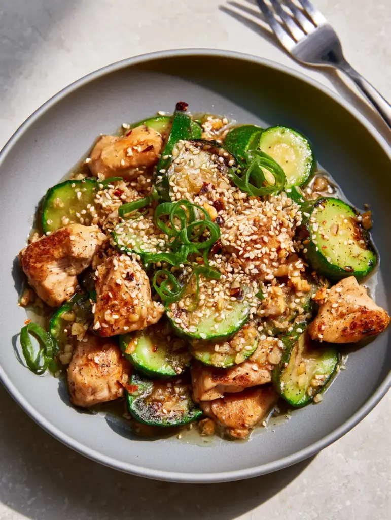 A handheld smartphone photo of a garlic chicken zucchini stir fry on a stone countertop.