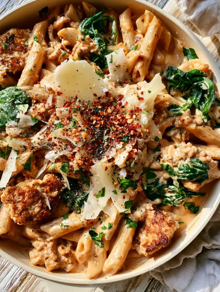 One-Pot Ground Turkey Pasta with Creamy Spinach and Parmesan 1 Handheld smartphone photo of ground turkey pasta with spinach and chili flakes in a ceramic skillet.