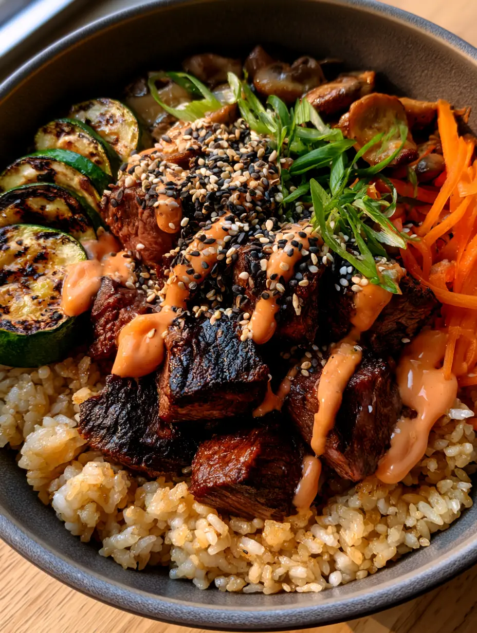 Close-up of seared medium-rare ribeye steak cubes with a glossy soy-butter glaze and toasted sesame seeds.